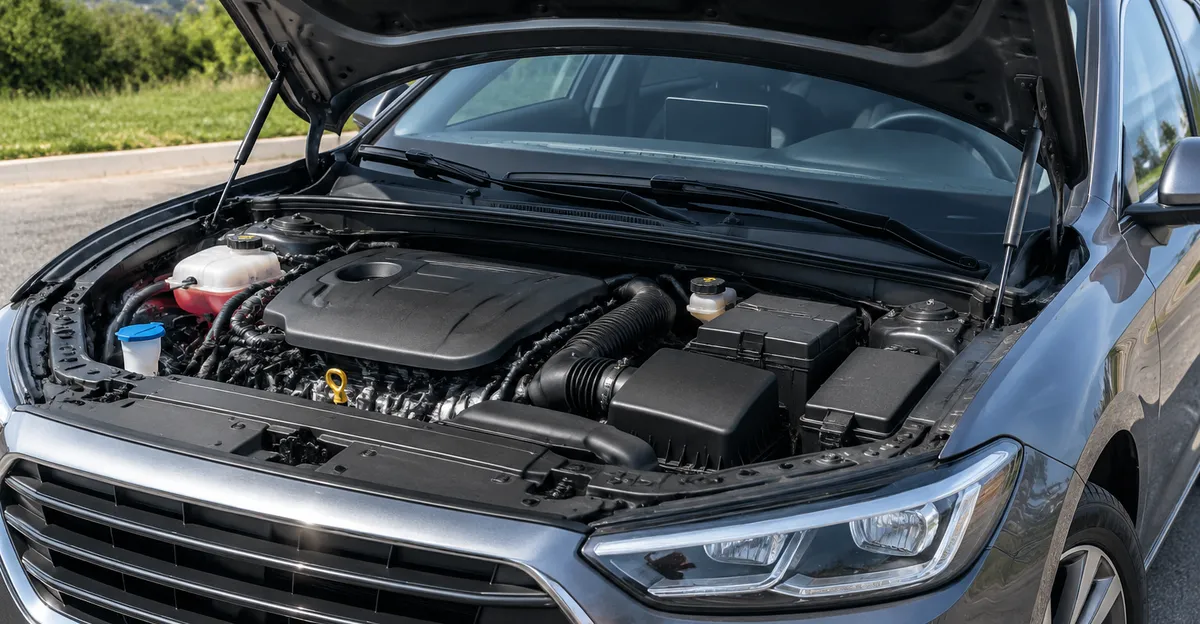 Sedan parked in daylight with the hood open over the engine bay