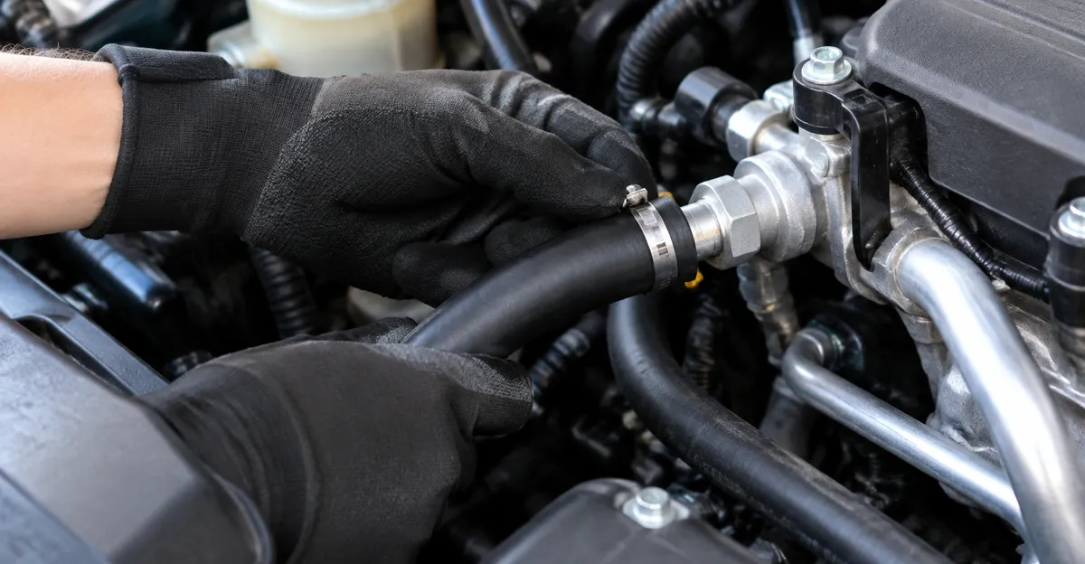 Gloved hands securing an air-conditioning hose fitting in the engine bay