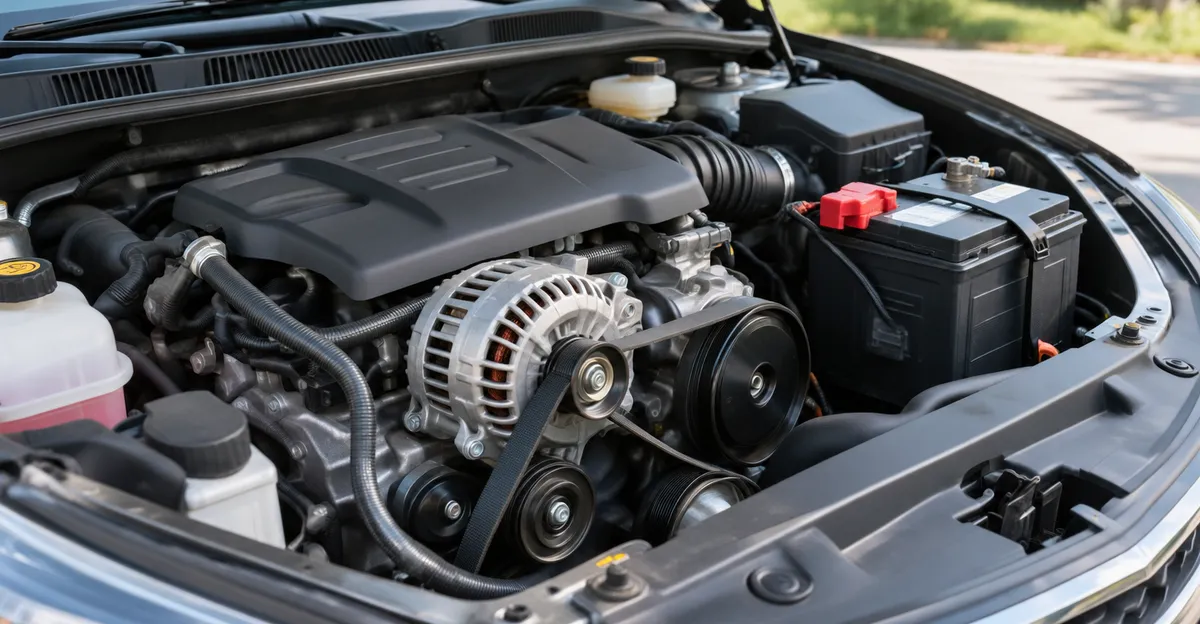 Open hood of a parked car, with the battery, belt, and alternator visible
