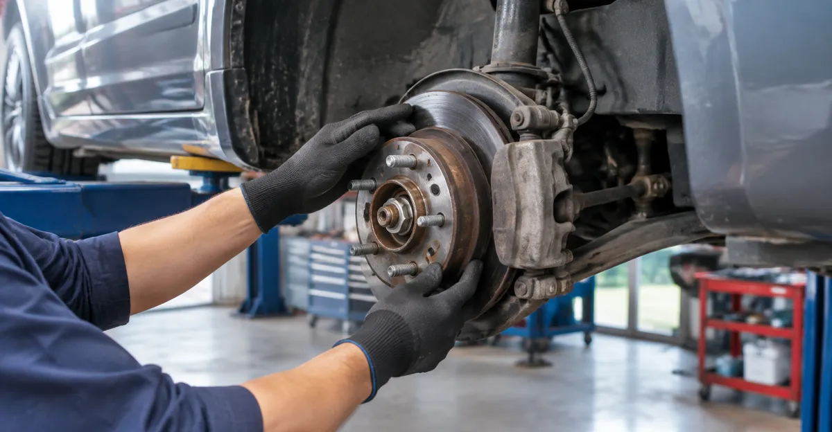 Car on a lift with a wheel off, a technician checking the hub, no readable labels
