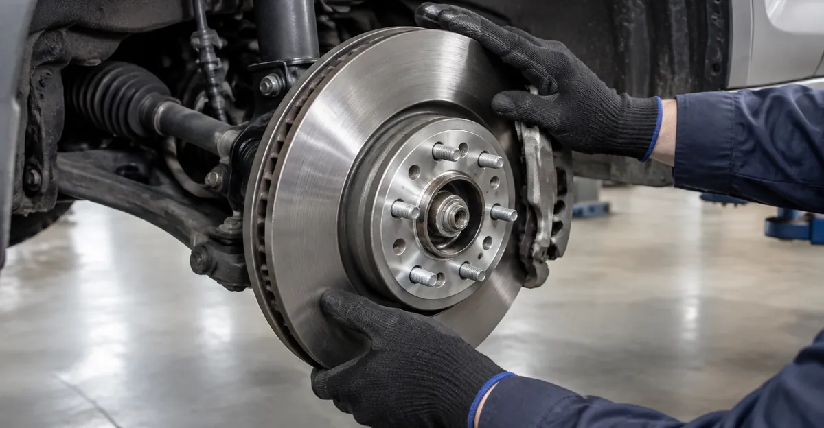 Technician inspecting a brake rotor and wheel hub on a lift