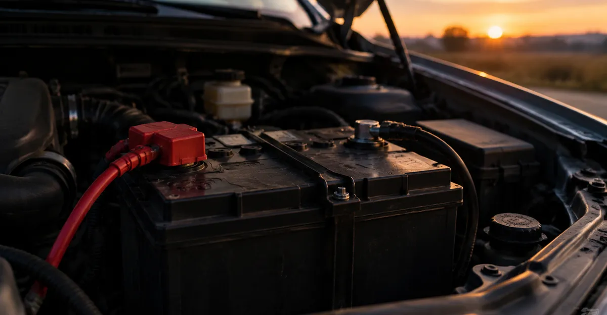 A car battery and cables under an open hood at dusk