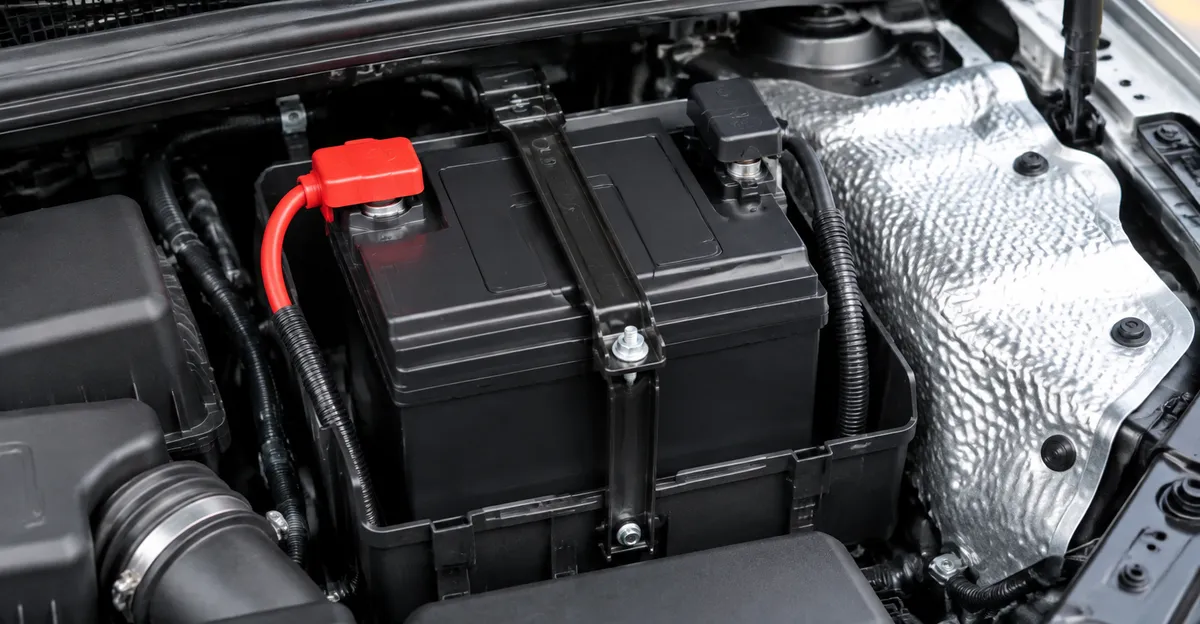A replacement battery clamped in its tray with cables reconnected