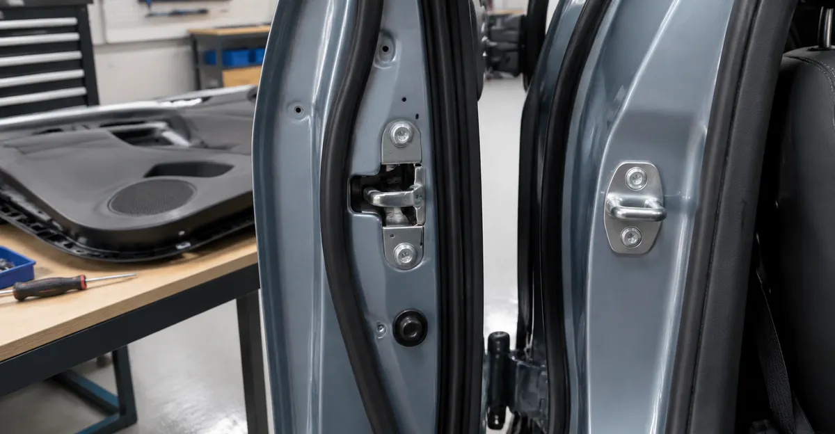 The latch and striker on an open door edge, with the interior trim set aside and no labels visible