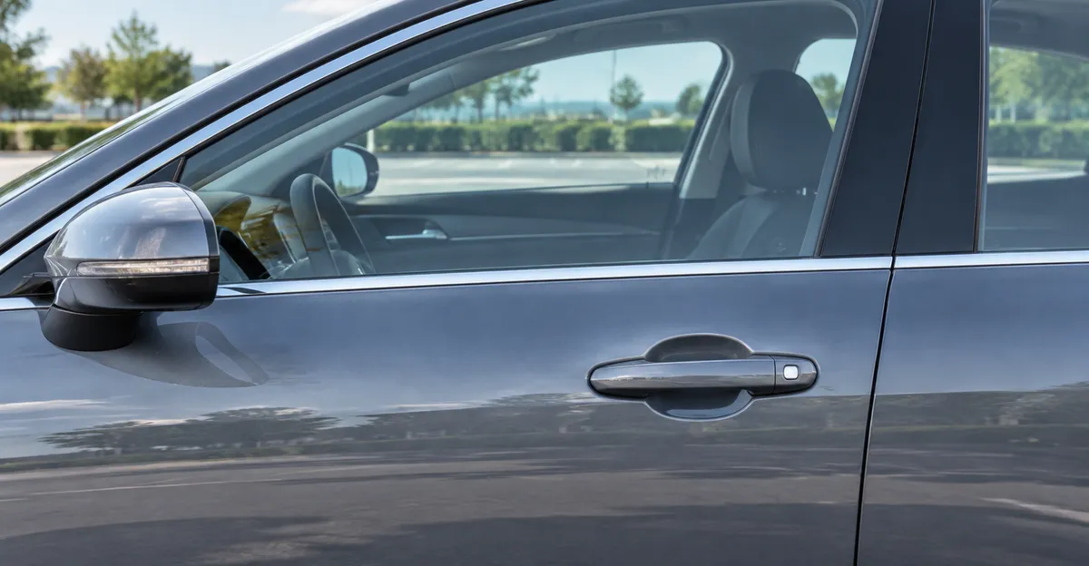 A closed driver door with the outside handle at rest and the glass fully up