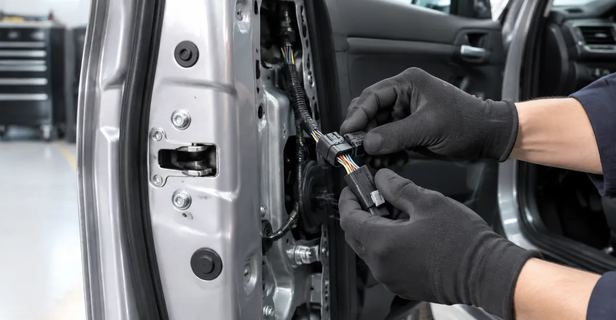 A technician checking a door-latch connector with the door already open