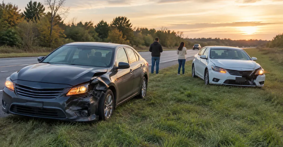 Two cars stopped on a shoulder after a collision with hazard lights on