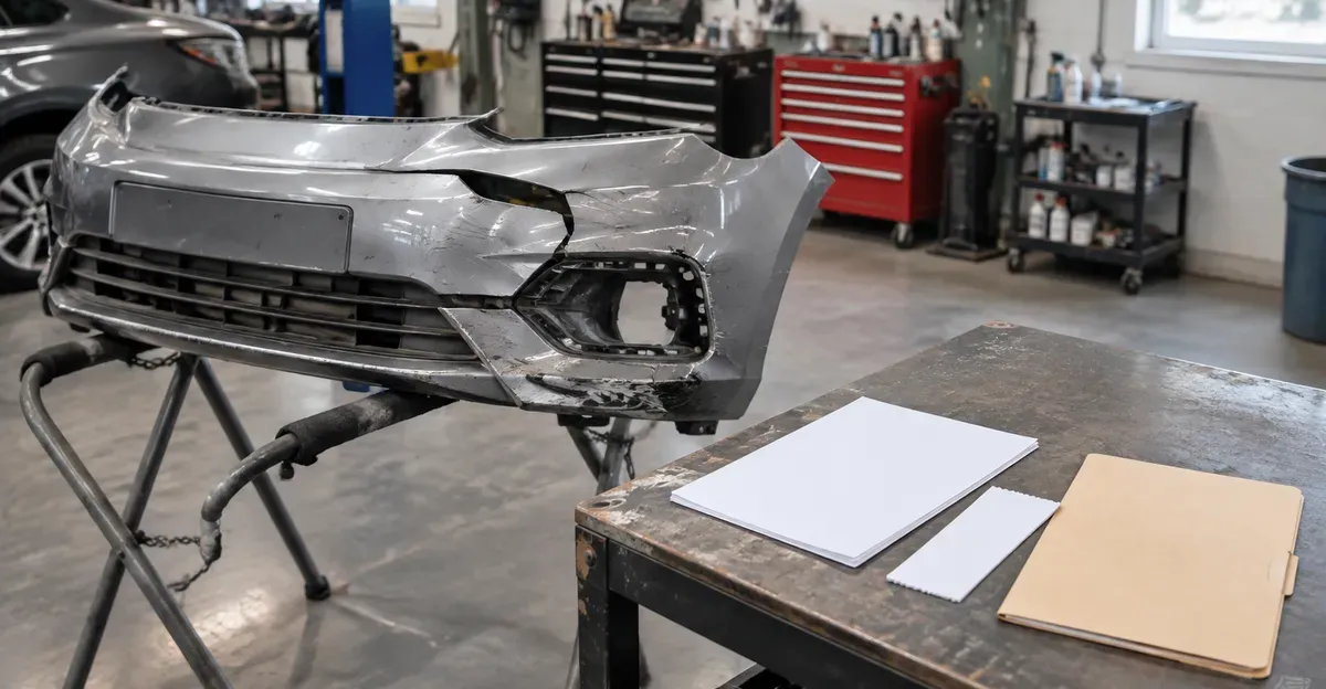 Repair estimate, rental receipt, and medical paperwork laid beside a damaged front bumper in a body shop