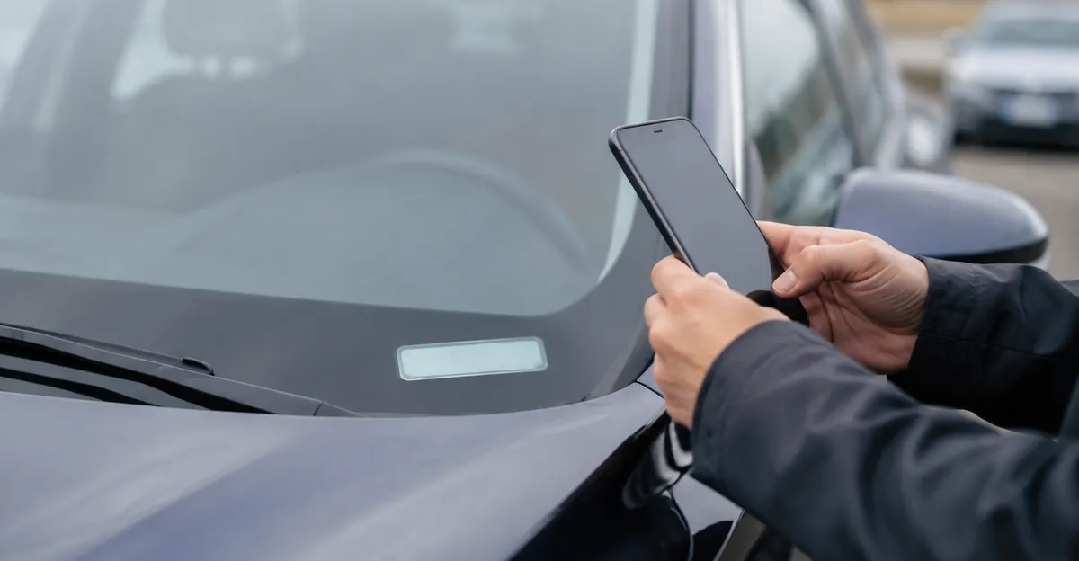 Driver reviewing a vehicle VIN sticker on a windshield while holding a phone, no readable VIN or text