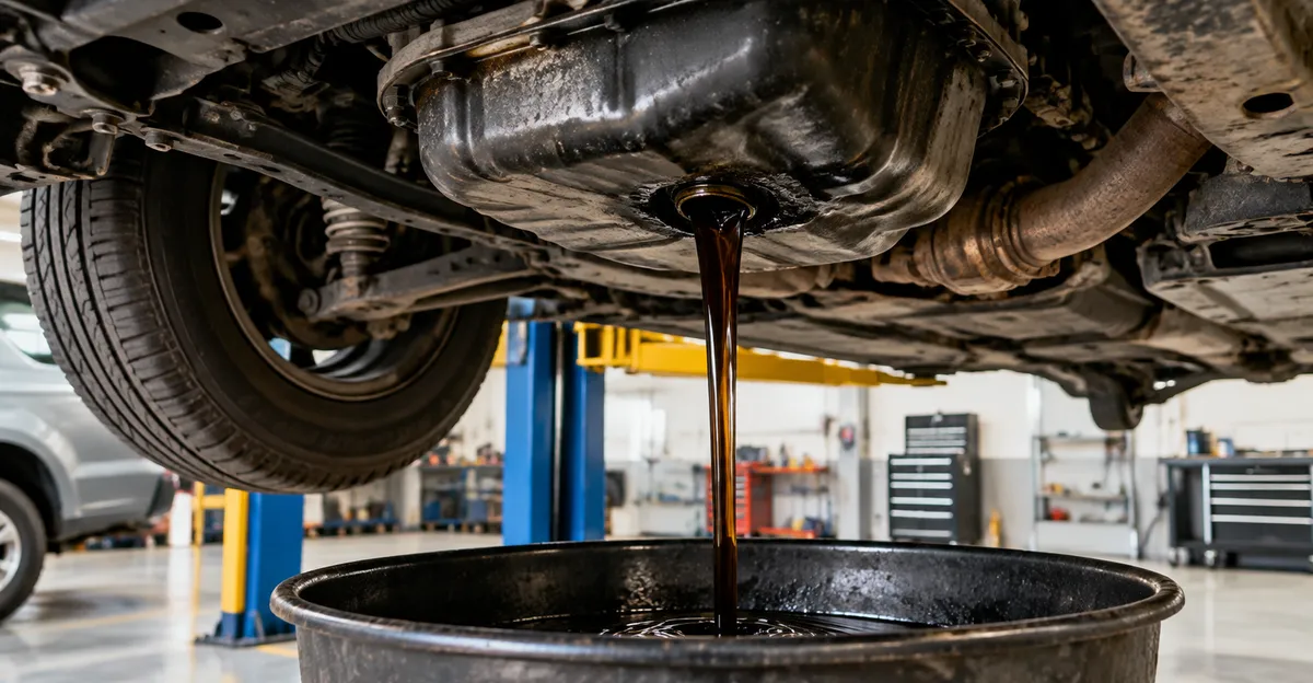 Engine oil being drained into a pan under a passenger car