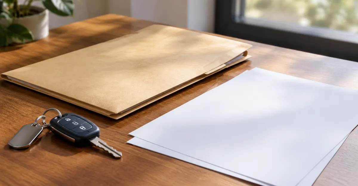 Desk with vehicle title folder, blank registration forms, and car keys beside a window, no readable text