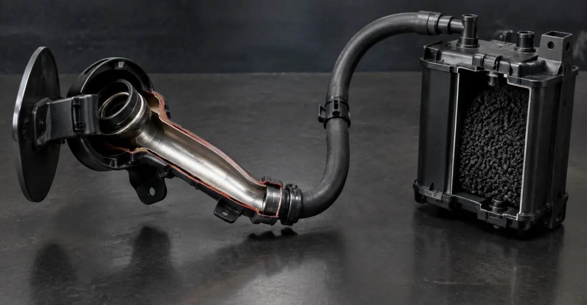 A cutaway of a fuel filler, vapor hose, and charcoal canister
