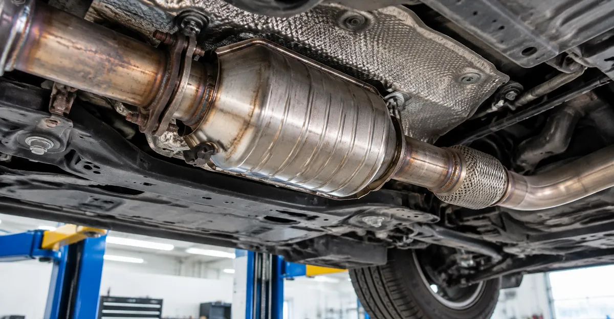 A catalytic converter and exhaust pipe under a car on a lift