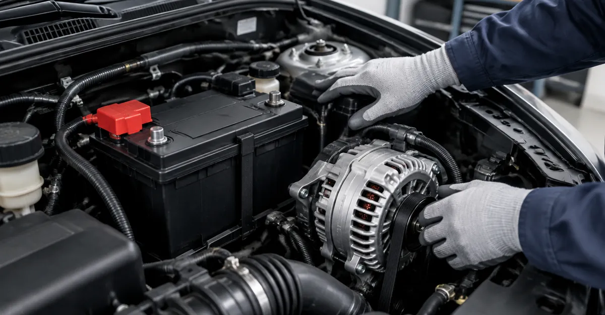 A battery and alternator checked under an open hood