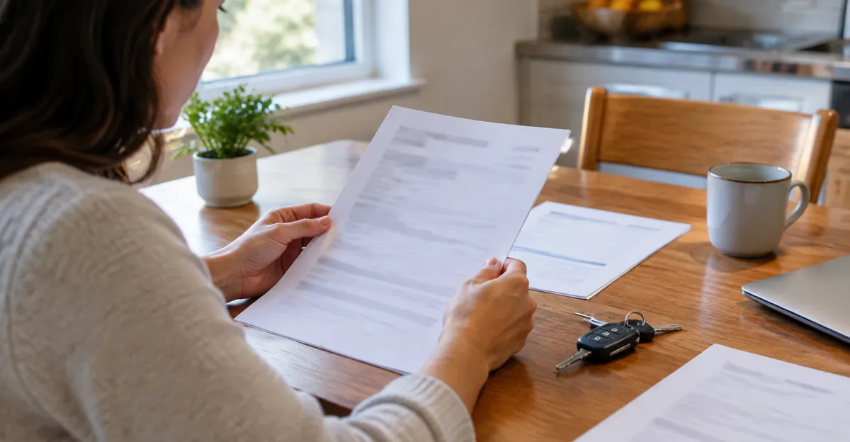 Person reviewing an auto insurance declarations page at a kitchen table