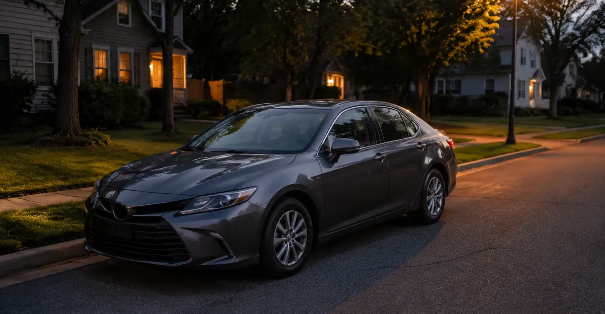 Parked sedan on a U.S. residential street at dusk with soft streetlight glow, no readable plates or signs