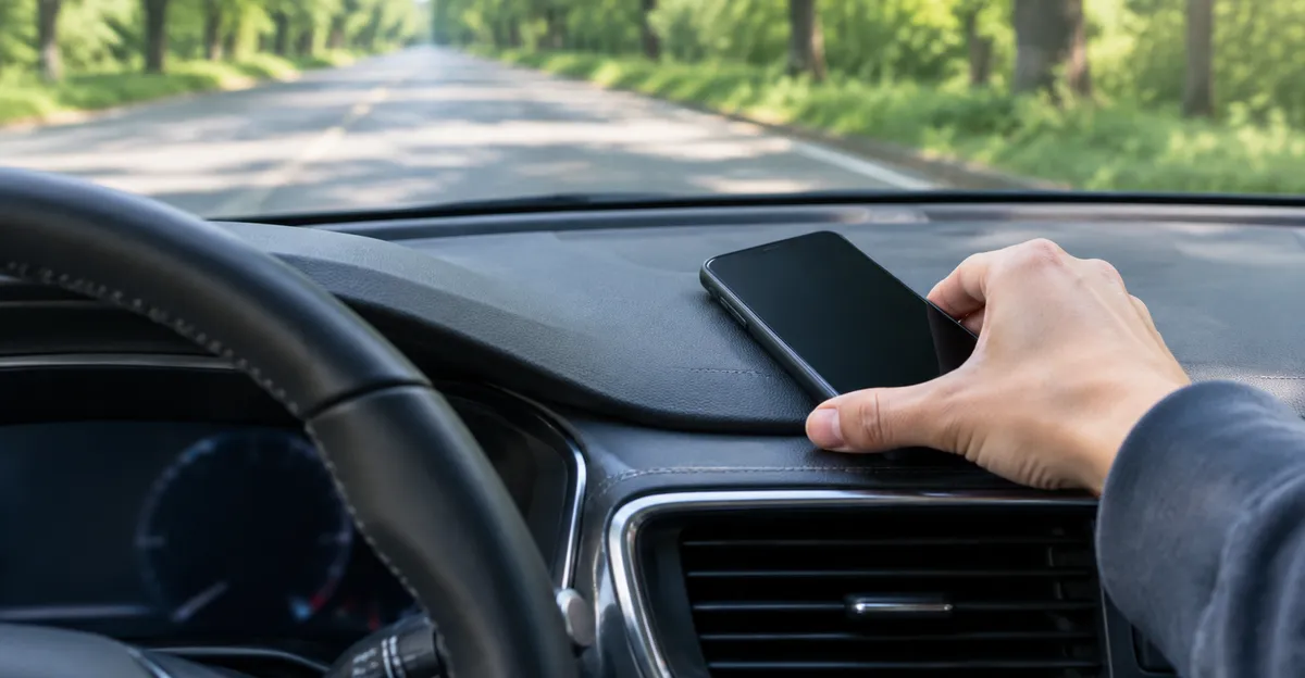 Driver placing a smartphone showing a blank insurance app screen on a dashboard before a trip, no readable UI text
