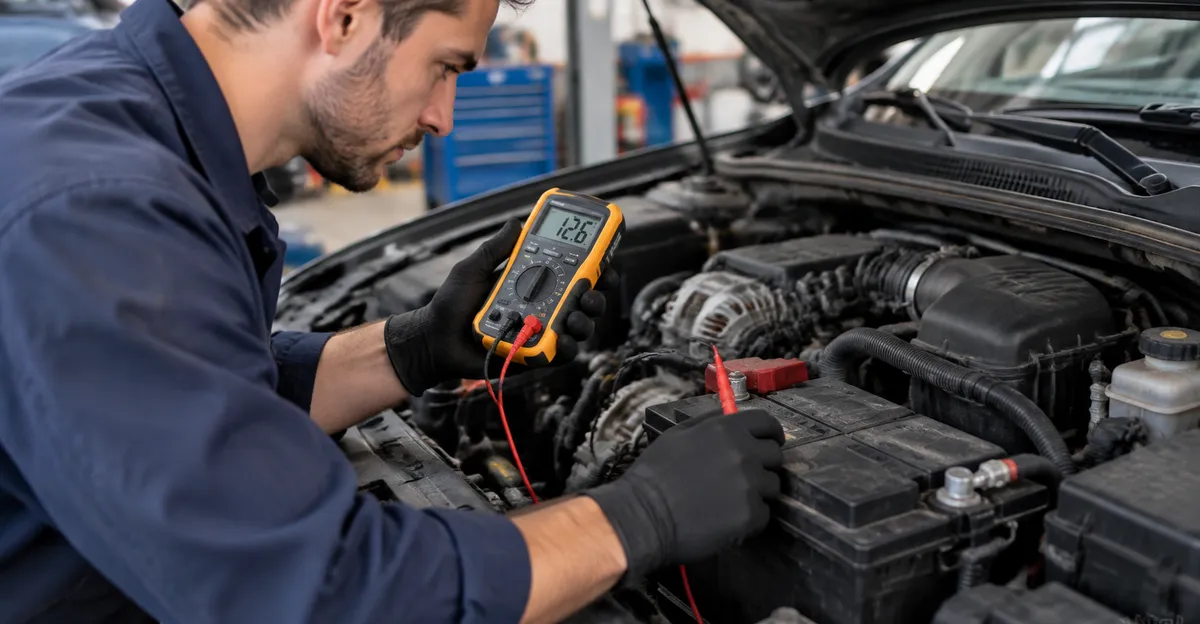 Technician measuring battery and alternator voltage under an open hood