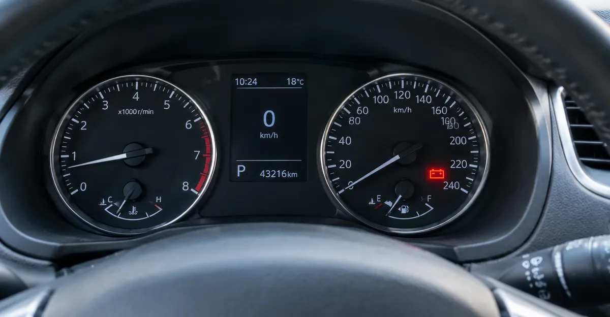 Dashboard battery warning light illuminated on a car instrument cluster
