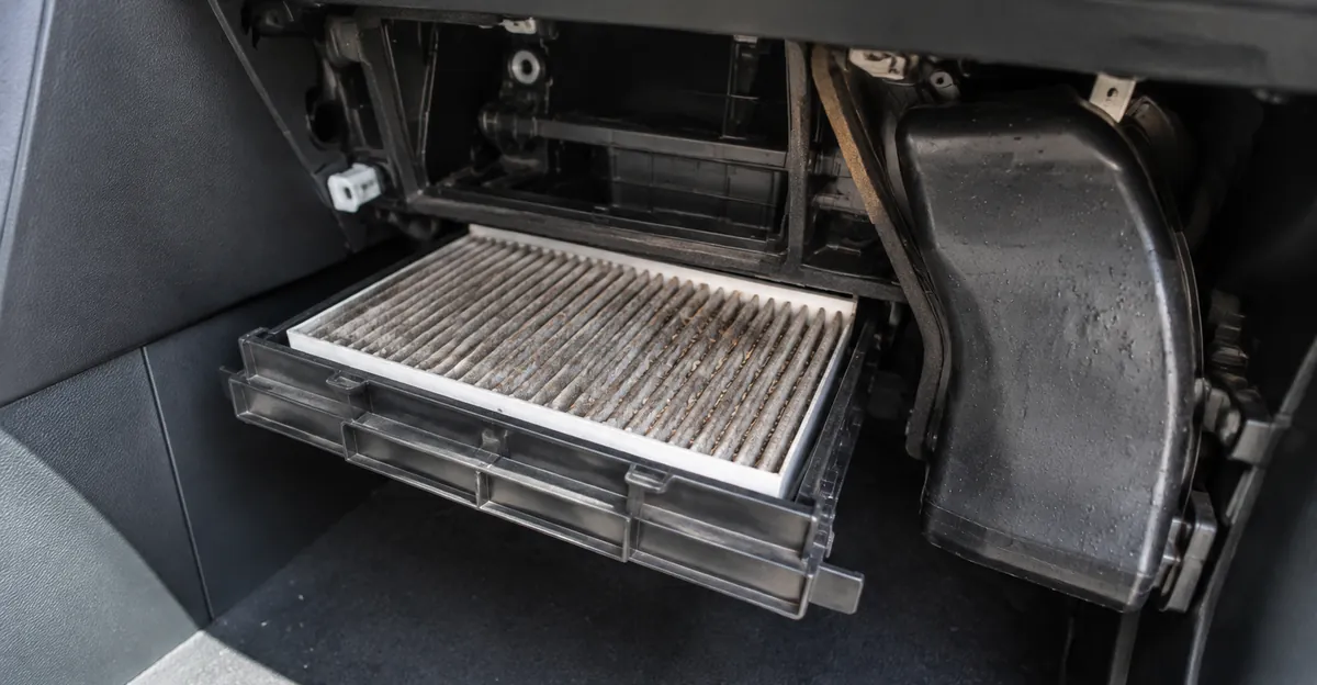 Close view of cabin air filter housing pulled open beside damp HVAC ducting under a dashboard, no logos