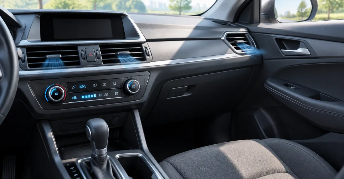 Dashboard climate controls set to full cold with recirculate on a sunny day
