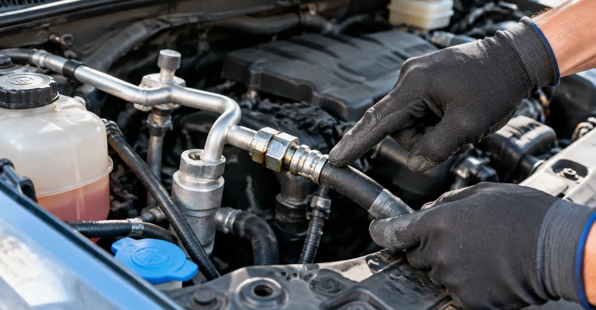 Technician pointing at an AC hose fitting with oily residue in an open engine bay, gloves on, no brand marks
