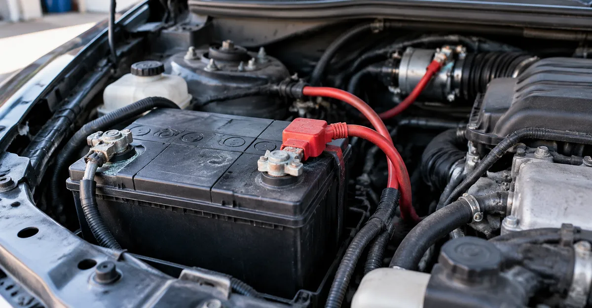 Open hood with battery terminals and starter cable path visible in daylight