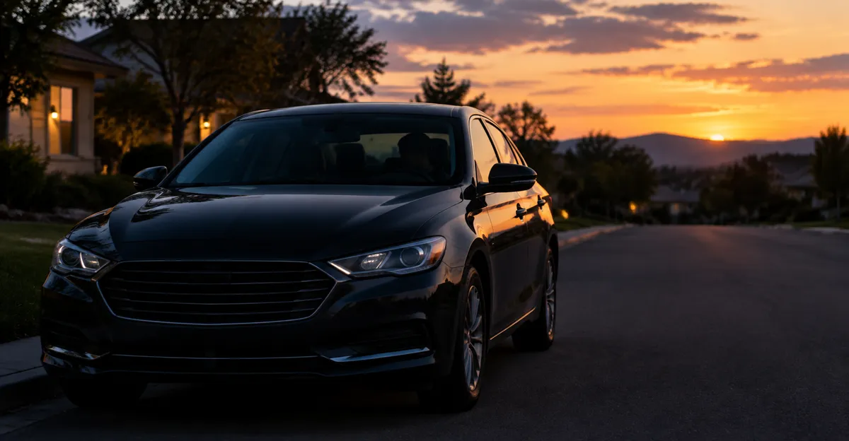 Dark sedan parked on a suburban street at dusk with cabin lights off