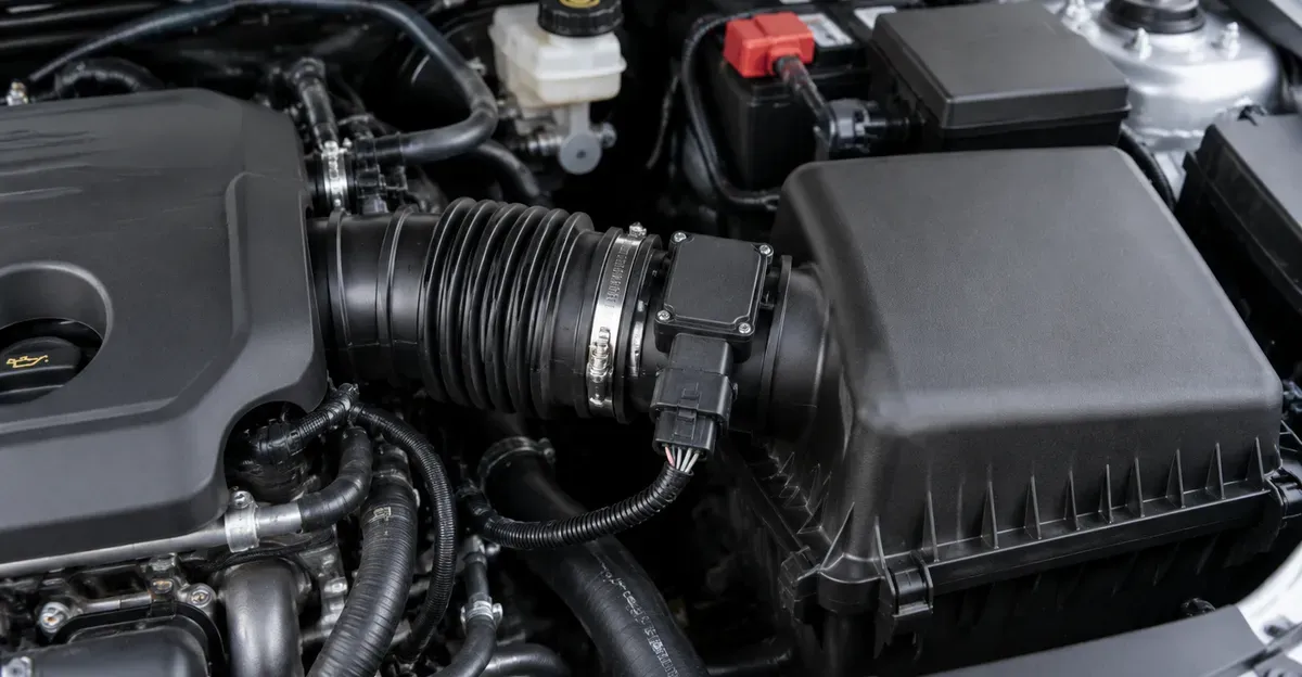 Open engine bay with air intake path and Mass Air Flow sensor housing visible