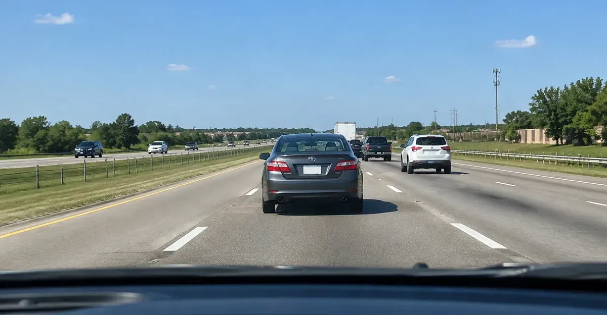 Driver view of a U.S. highway lane with a sedan ahead losing speed in traffic