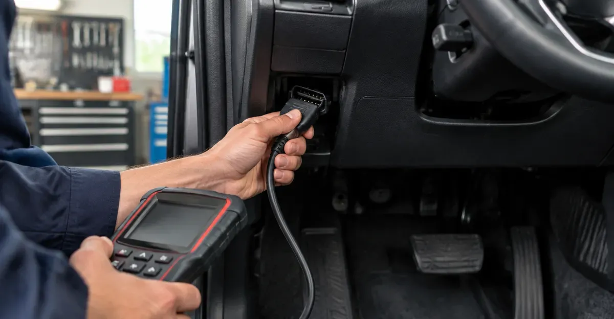 Technician connecting an OBD2 scan tool under a car dashboard